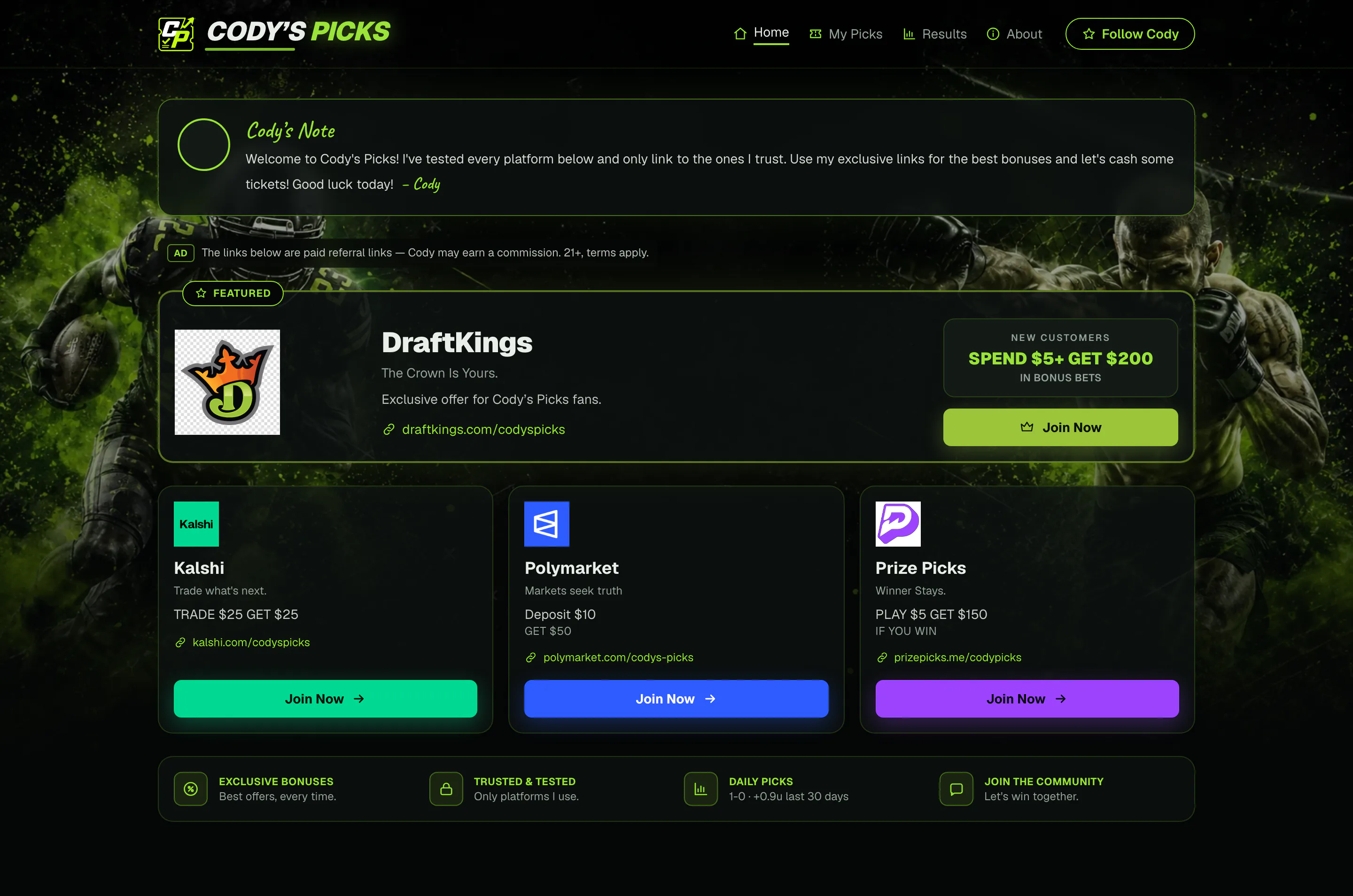 Cody’s Picks home page with a note from the publisher, a paid-referral notice marked 21+, a featured partner offer, and three partner offer cards.
