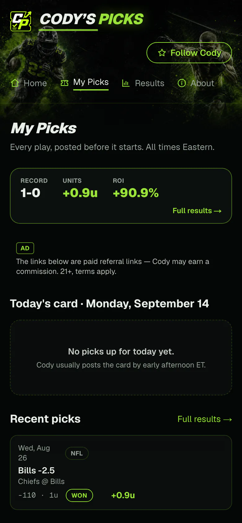 Cody’s Picks My Picks page on a phone, showing the running record, a paid-referral notice, today’s card, and a recent graded pick.