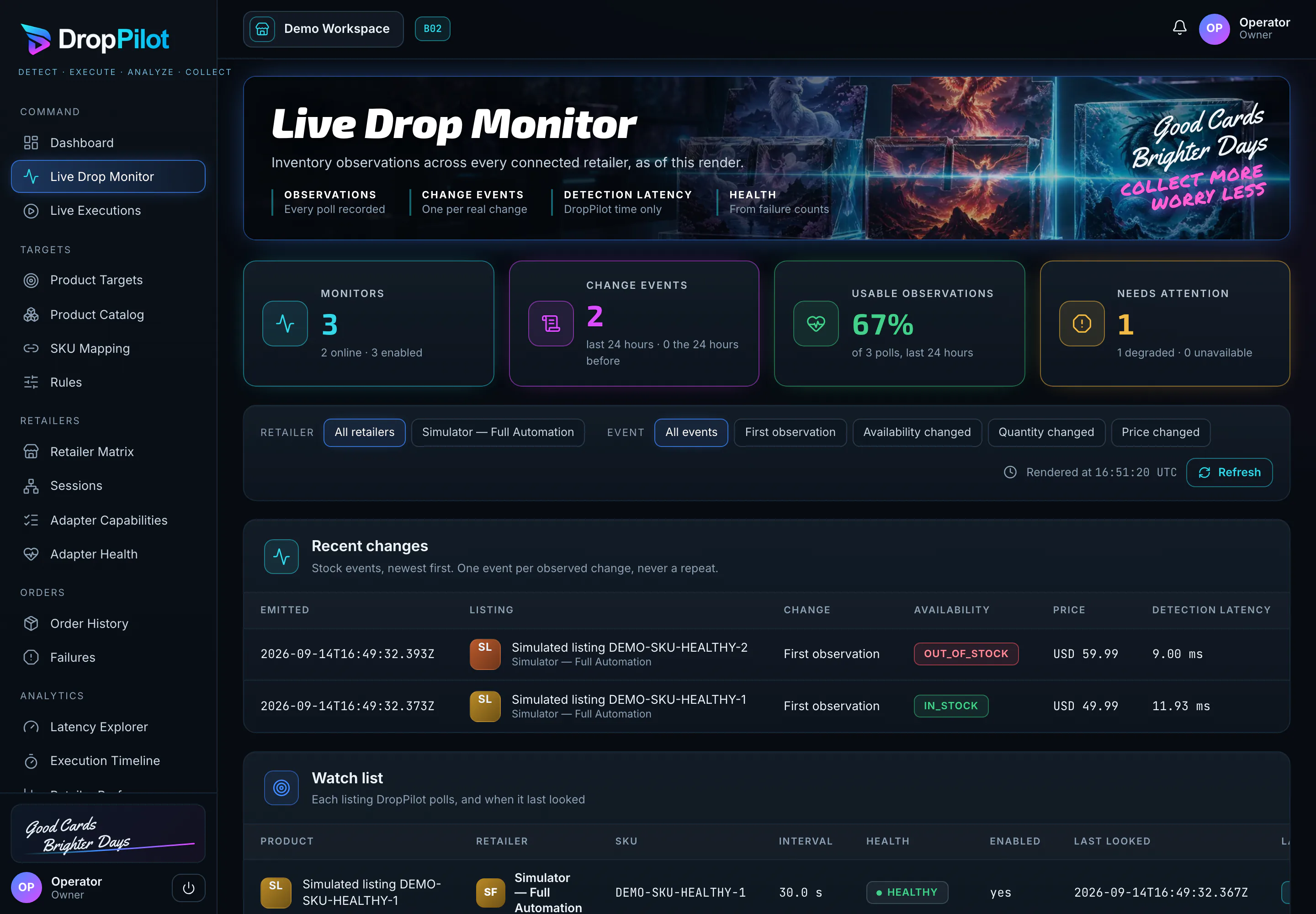 DropPilot Live Drop Monitor showing monitor health tiles, retailer and event filters, and a table of stock changes for simulated demo listings with availability, price, and detection latency.