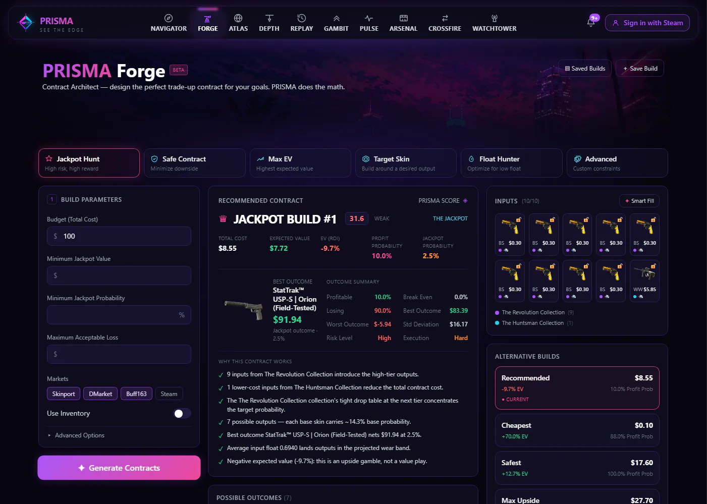 Prisma Forge with build parameters, a recommended jackpot trade-up contract showing total cost, expected value, profit and jackpot probabilities, its best outcome and outcome summary, the ten input skins, and alternative builds.