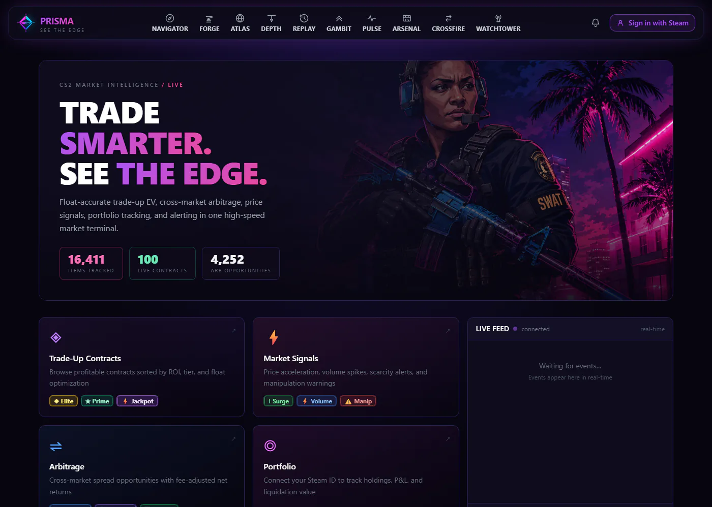 Prisma Trade-Ups home page, signed out: the headline “Trade smarter. See the edge.” with counts of items tracked, live contracts, and arbitrage opportunities beside game artwork, above cards for trade-up contracts, market signals, arbitrage, and portfolio, and a live feed.