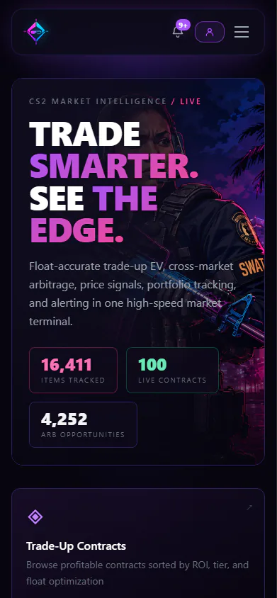 Prisma Trade-Ups home page on a phone, signed out, with the headline, counts of items tracked, live contracts, and arbitrage opportunities, and the first feature card.