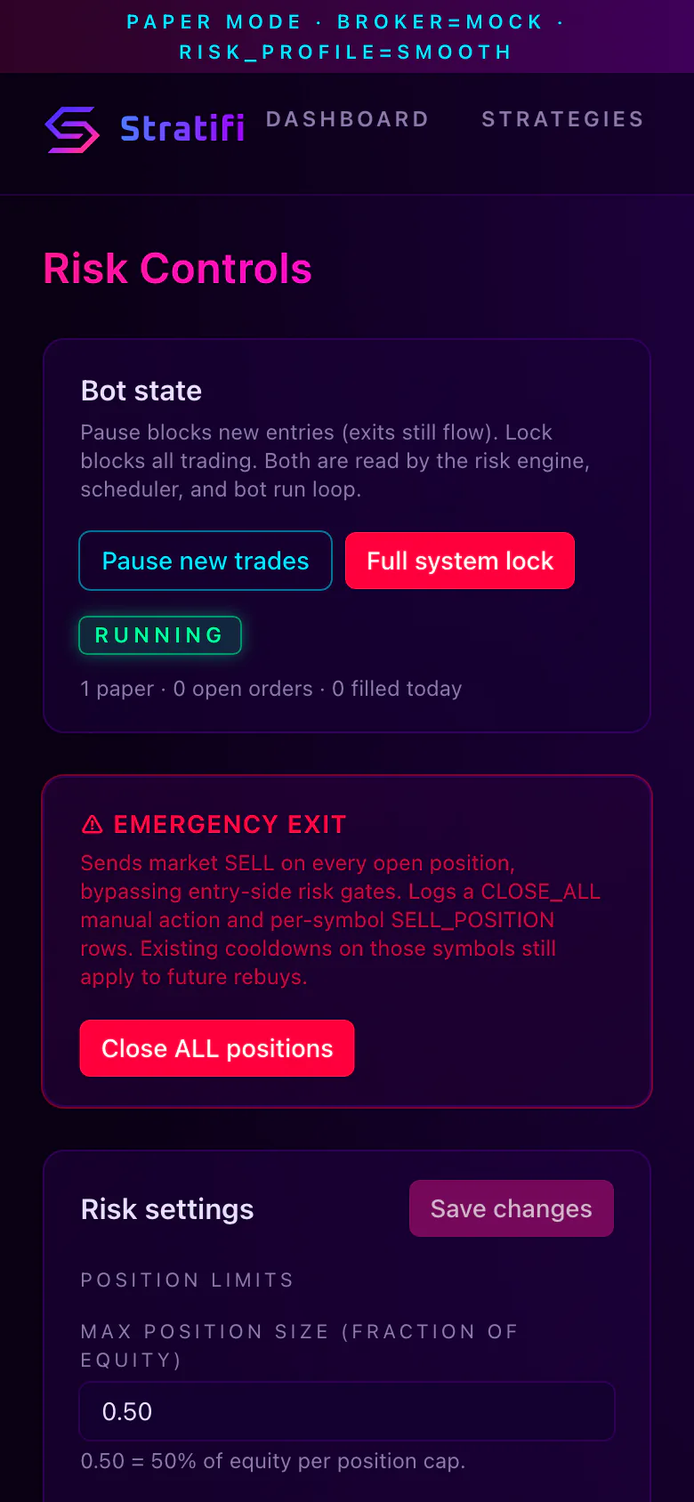Stratifi Risk Controls on a phone under the paper mode and mock broker banner, with the running bot state, pause and full system lock buttons, the emergency exit, and the first risk setting.
