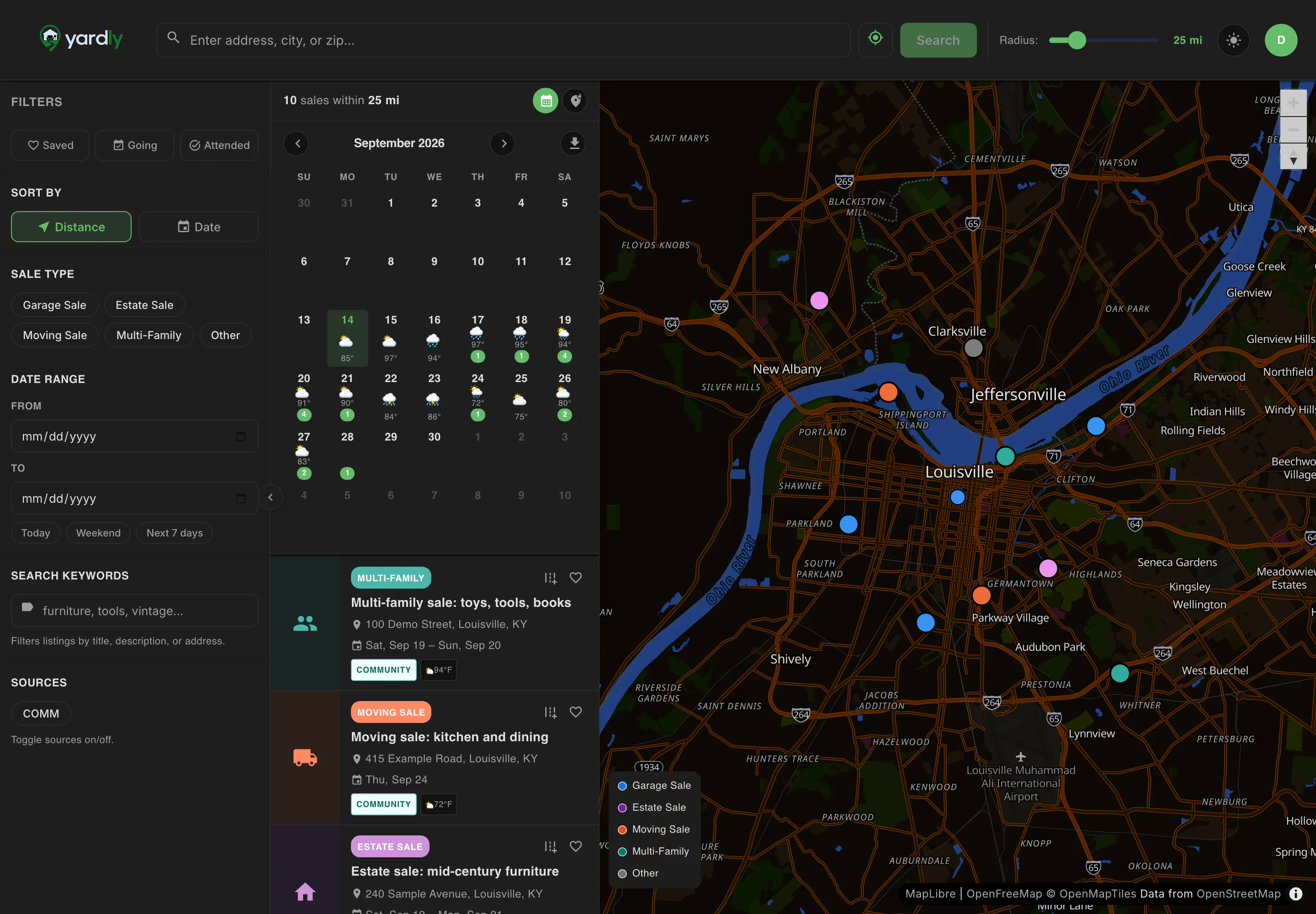 Yardly with the calendar open: a September month grid marking how many demo sales fall on each day, with a daily weather forecast, above the results list and beside the map of sale pins.