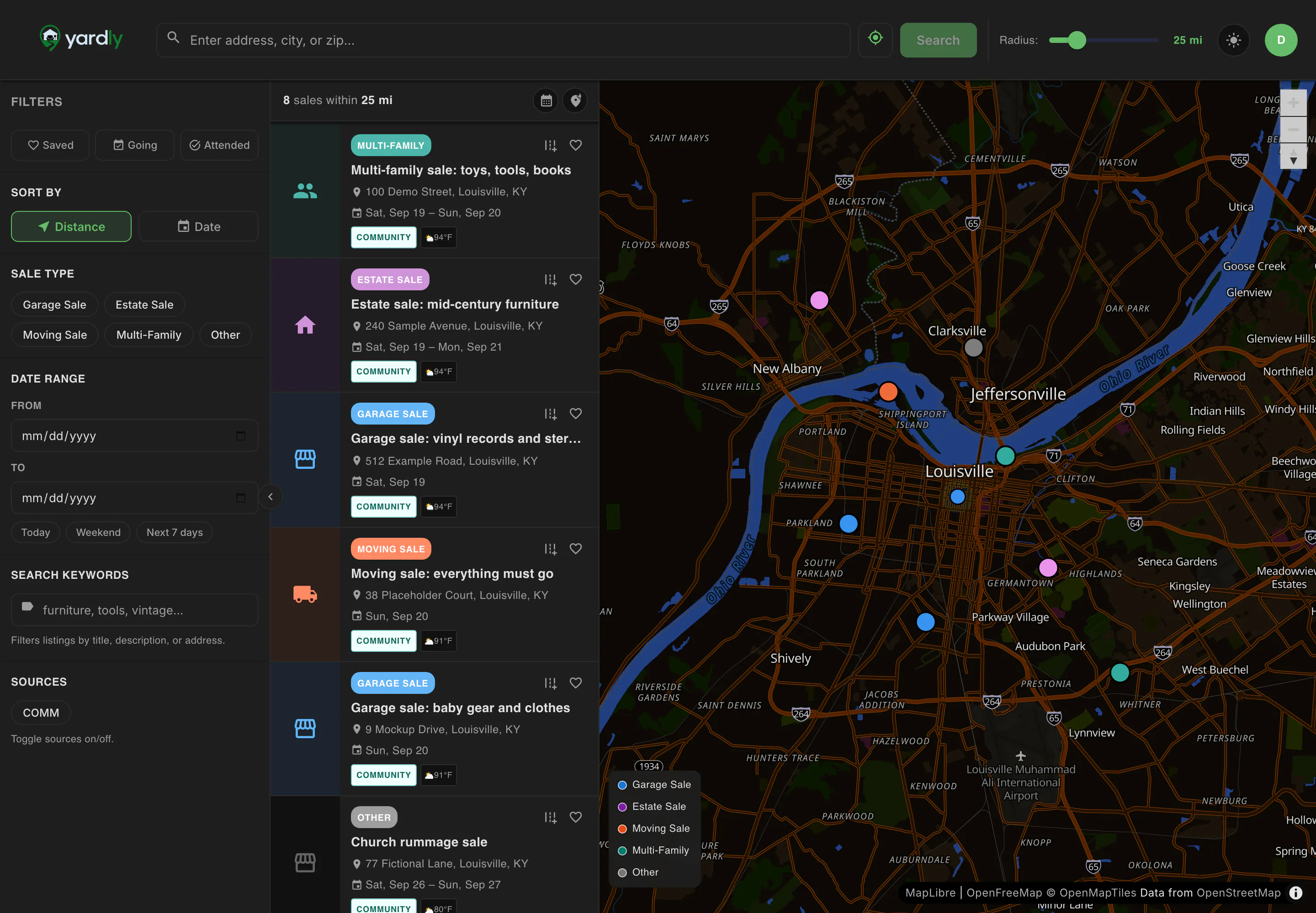 Yardly search page with filters, a list of demo garage, estate, and moving sales, and a map of Louisville with color-coded sale pins.
