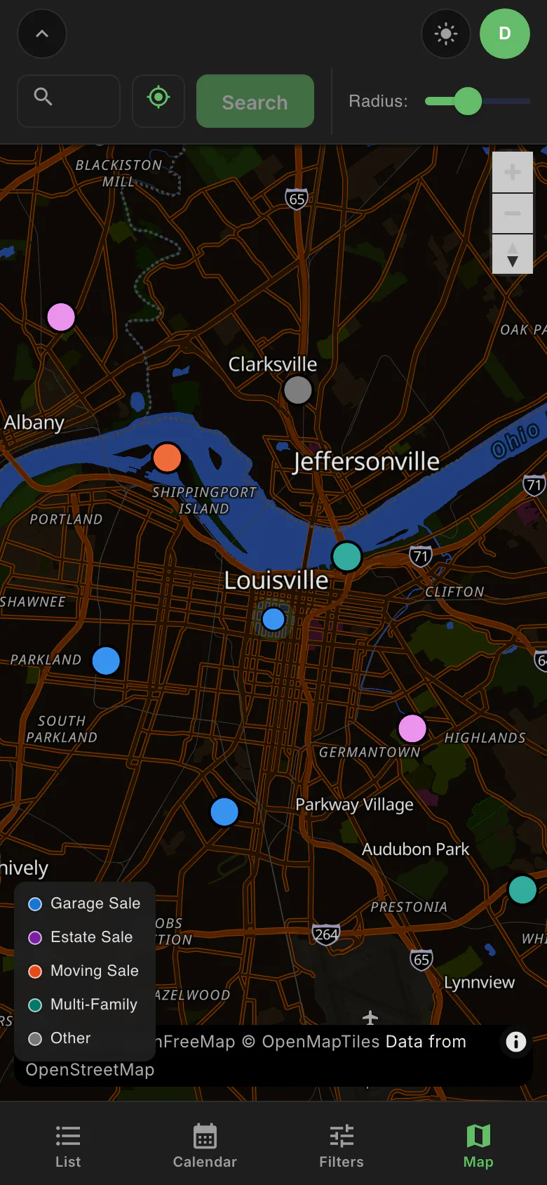 Yardly on a phone: a compact search bar above a map of Louisville with demo sale pins, a sale-type legend, and List, Calendar, Filters, and Map tabs.